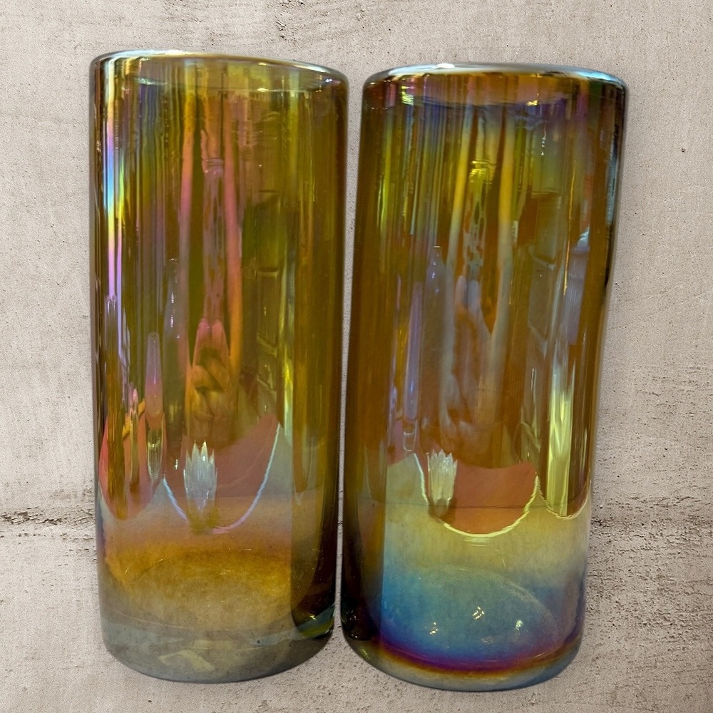 Iridescent‎ Hand Blown Amber Iridescent Vases, Set of 2 Made in Mexico